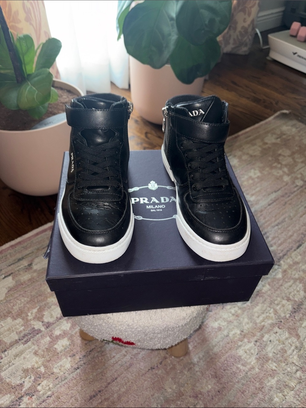Prada Black Leather High-Top Sneakers with White Soles